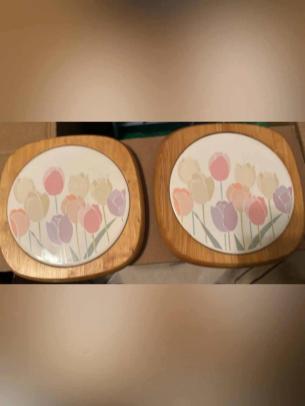 Vintage Goodwood Pastel Tulips Wooden Ceramic Tile Trivet Set (2-Count)